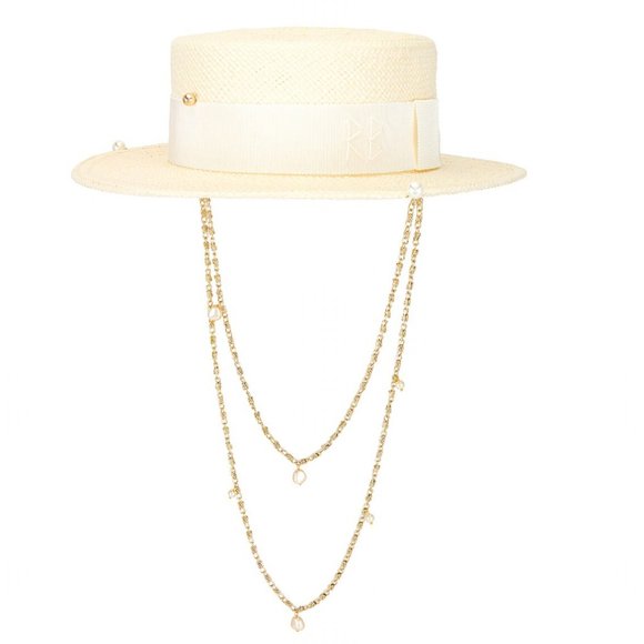 NEW Ruslan Baginskiy Double Chain Strap Straw Boater Hat in White Small S